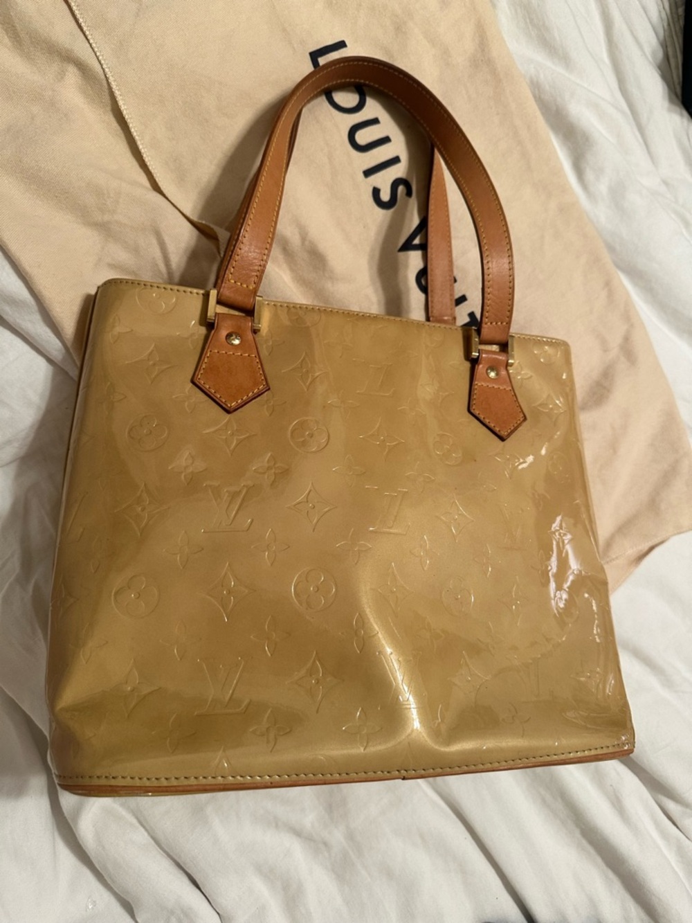 Louis Vuitton Tan Vernis Monogram Patent Leather Tote with Brown Handles